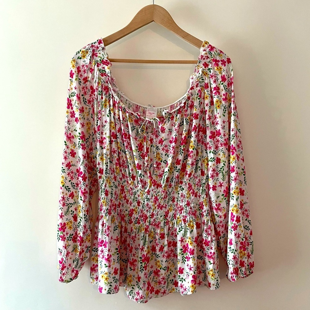 No Boundaries Pink Floral Peasant Blouse Off The Shoulder Peplum Waist Size 3X